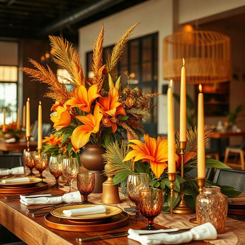 Composição de decoração de evento em tons âmbar e dourado com flores tropicais e velas