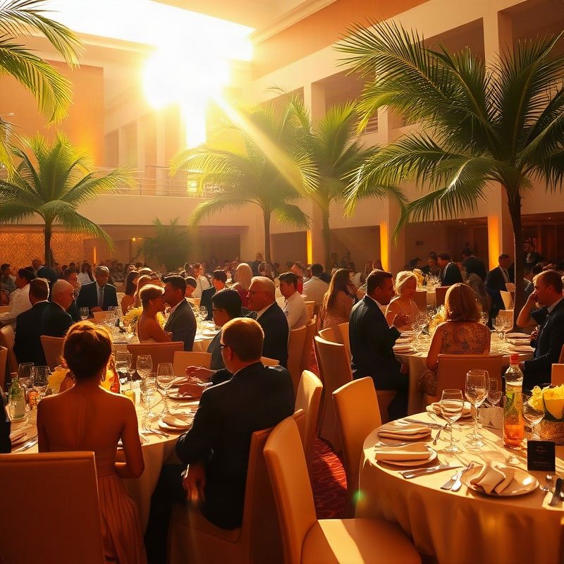 Gala em Recife com iluminação âmbar-dourada, mesas decoradas e convidados em traje formal