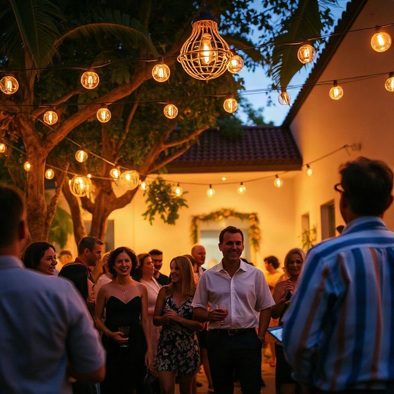 Celebração privada em jardim de Recife com luzes douradas suspensas