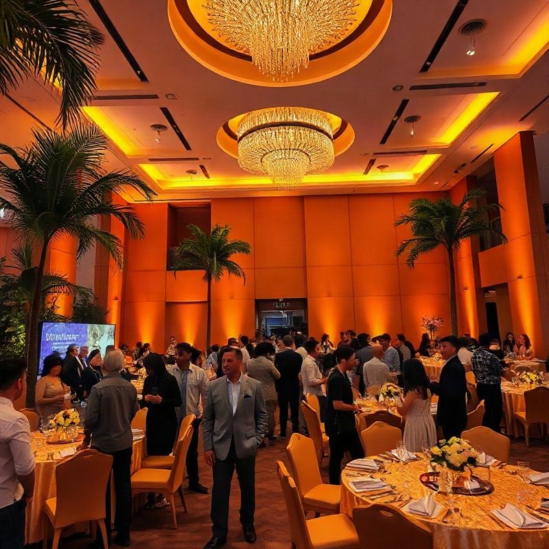 Espaço de eventos decorado em Recife com iluminação âmbar e centros de mesa dourados