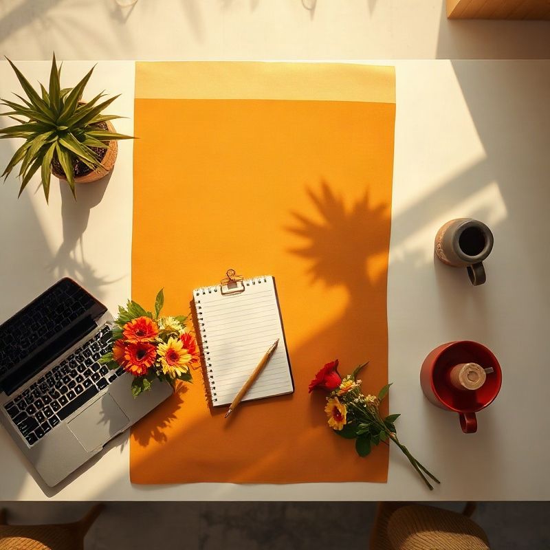 Mesa de planejamento de eventos em Recife com amostras âmbar e dourado, flores e caderno