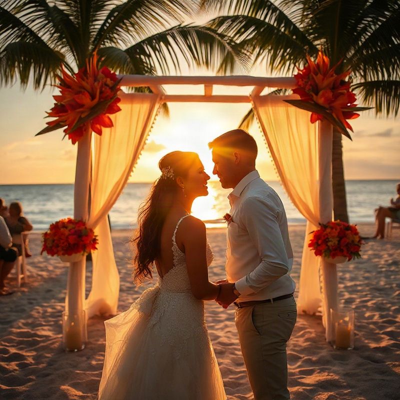 Casamento na praia em Porto de Galinhas ao pôr do sol com arranjos florais em âmbar